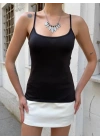Kadın Siyah İnce Askılı U Yaka Esnek Pamuklu Likralı Basic Atlet Body