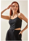 Kadın Siyah Ip Askılı Büstiyer Crop
