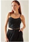 Kadın Siyah Ip Askılı Büstiyer Crop