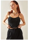 Kadın Siyah Ip Askılı Büstiyer Crop