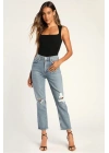 bysoca Kadın Siyah Kare Yaka Kalın Askılı Vücudu Saran Fitilli Kaşkorse Tanga Basic Bodysuit