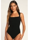 bysoca Kadın Siyah Kare Yaka Kalın Askılı Vücudu Saran Fitilli Kaşkorse Tanga Basic Bodysuit