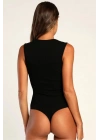 bysoca Kadın Siyah Kare Yaka Kalın Askılı Vücudu Saran Fitilli Kaşkorse Tanga Basic Bodysuit