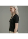 Kadın Siyah Kalp Düğmeli Kısa Kollu V Yaka Bohem Pinterest Örgü Triko Hırka Bluz