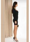 Kadın Siyah Kare Yaka Kalp Detaylı Sandy Kumaş Vücudu Saran Bodycon Kısa Mini Elbise