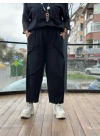 Kadın Siyah Keten Cepli Yıkamalı Bohem Pinterest Salaş Bol Paça Pantolon Yüksek Bel
