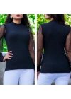 Kadın Siyah Kolu Tül Detaylı Yarım Balıkçı Kaşkorse Bluz