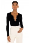 bysoca Kadın Siyah Önü Çıtçıtlı U Yaka Uzun Kollu Fitilli Çift Kat Kaşkorse Tanga Bodysuit