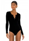 bysoca Kadın Siyah Önü Çıtçıtlı U Yaka Uzun Kollu Fitilli Çift Kat Kaşkorse Tanga Bodysuit