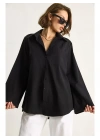 Kadın Siyah Uzun Kollu Tek Cepli Geniş Manşetli Oversize Keten Karışımlı Tunik Gömlek
