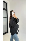 Kadın Siyah Uzun Kollu Tek Cepli Geniş Manşetli Oversize Keten Karışımlı Tunik Gömlek