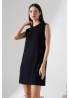 bysoca Kadın Siyah Oversize Vatka Detaylı Kolsuz Bisiklet Yaka Basic Viskon Tunik Elbise