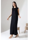 bysoca Kadın Siyah Oversize Sıfır Kol Bisiklet Yaka Uzun Maxi Basic Viskon Jile Elbise Tunik İçlik