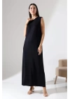 bysoca Kadın Siyah Oversize Sıfır Kol Bisiklet Yaka Uzun Maxi Basic Viskon Jile Elbise Tunik İçlik