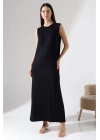 bysoca Kadın Siyah Oversize Sıfır Kol Bisiklet Yaka Uzun Maxi Basic Viskon Jile Elbise Tunik İçlik