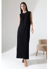 bysoca Kadın Siyah Oversize Sıfır Kol Bisiklet Yaka Uzun Maxi Basic Viskon Jile Elbise Tunik İçlik