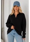 Kadın Siyah Pamuklu Polo Yaka Oversize Triko Kazak