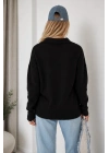Kadın Siyah Pamuklu Polo Yaka Oversize Triko Kazak
