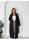 Kadın Siyah Pamuklu Uzun Kimono Yaka Oversize Triko Hırka