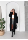 Kadın Siyah Pamuklu Uzun Kimono Yaka Oversize Triko Hırka