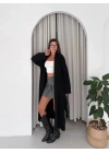 Kadın Siyah Pamuklu Uzun Kimono Yaka Oversize Triko Hırka