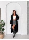 Kadın Siyah Pamuklu Uzun Kimono Yaka Oversize Triko Hırka