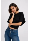 Kadın Siyah Pamuklu Yarasa Kol Beli Oturtmalı Crop Bluz T-Shirt