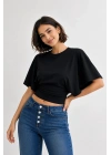 Kadın Siyah Pamuklu Yarasa Kol Beli Oturtmalı Crop Bluz T-Shirt