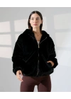Kadın Siyah Oversize Bomber Mont Kapüşonlu Fermuarlı Peluş Astarlı