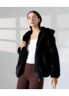 Kadın Siyah Oversize Bomber Mont Kapüşonlu Fermuarlı Peluş Astarlı