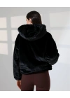 Kadın Siyah Oversize Bomber Mont Kapüşonlu Fermuarlı Peluş Astarlı