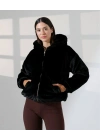 Kadın Siyah Oversize Bomber Mont Kapüşonlu Fermuarlı Peluş Astarlı