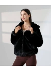 Kadın Siyah Oversize Bomber Mont Kapüşonlu Fermuarlı Peluş Astarlı
