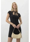 Kadın Siyah Boyun Bağlamalı Pencere Dekolteli Kısa Kollu Şortlu Kısa Mini Elbise