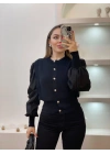 Kadın Siyah Sedef Düğmeli Triko Hırka Poplin Balon Kollu Bluz Ajurlu Şık