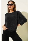 bysoca Kadın Siyah Simli Kayık Yaka Yarasa Kol Dökümlü Esnek Likralı Şık Bluz