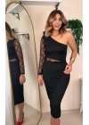 Kadın Siyah Tek Kol Dantel Detay Krep Elbise