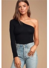 Kadın Siyah Tek Omuz Ipek Jarse Body