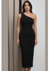 Kadın Siyah Asimetrik Yaka Tek Omuz Sandy Kumaş Vücudu Saran Bodycon Maxi Uzun Elbise