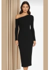Kadın Siyah Uzun Kollu Tek Omuzu Açık Sandy Kumaş Vücudu Saran Bodycon Midi Elbise