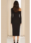 Kadın Siyah Uzun Kollu Tek Omuzu Açık Sandy Kumaş Vücudu Saran Bodycon Midi Elbise