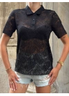 Kadın Siyah Polo Yaka Önü Düğmeli Kısa Kollu Transparan Dantel Tişört Bluz
