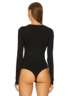 Kadın Siyah Derin V Yaka Uzun Kollu Alttan Çıtçıtlı Çift Kat İpek Jarse Basic Tanga Bodysuit