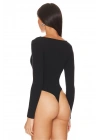 Kadın Siyah Geniş Kare Yaka Uzun Kollu Alttan Çıtçıtlı Çift Kat İpek Jarse Şık Tanga Bodysuit
