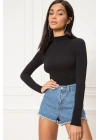 Kadın Siyah Uzun Kollu Ipek Jarse Bodysuit