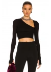 bysoca Kadın Siyah Asimetrik Yaka Uzun Kollu Parmak Geçme Detaylı İpek Jarse Crop Top