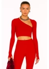 bysoca Kadın Kırmızı Asimetrik Yaka Uzun Kollu Parmak Geçme Detaylı İpek Jarse Crop Top