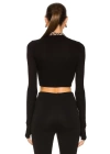 bysoca Kadın Siyah Asimetrik Yaka Uzun Kollu Parmak Geçme Detaylı İpek Jarse Crop Top