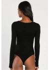 Kadın Siyah Derin V Yaka Uzun Kollu Çift Kat İpek Jarse Kumaş Şık Basic Tanga Bodysuit