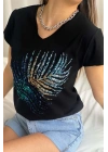 Kadın Siyah V Yaka Kısa Kollu Pamuklu Palmiye Yaprağı Payet İşlemeli Bohem Tişört